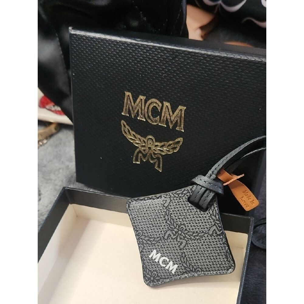 MCM Black Textured Monogram Luggage Tag with White Logo